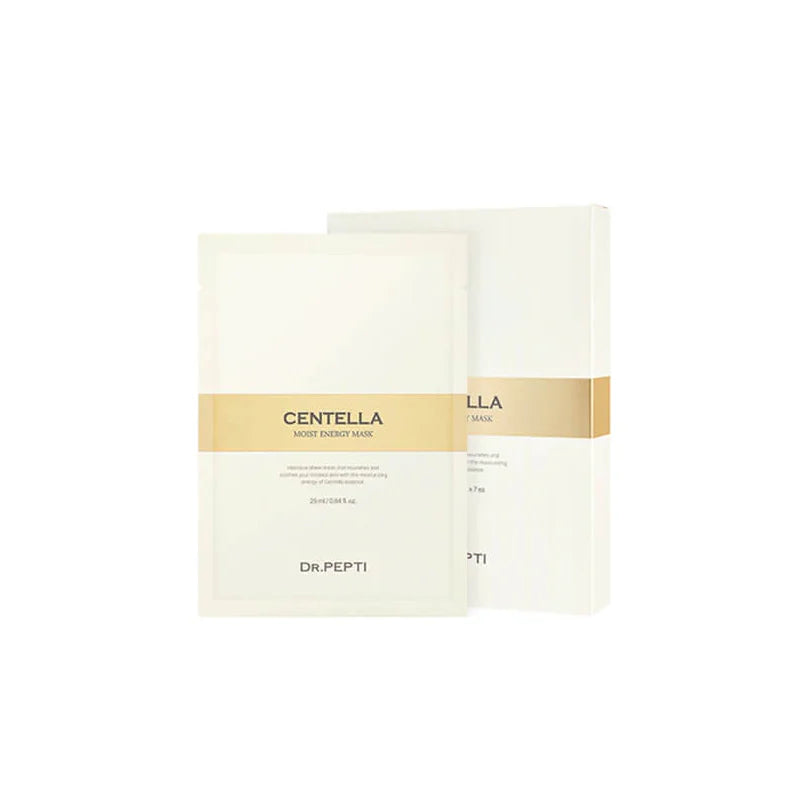 A product image of DR PEPTI CENTELLA MOIST ENERGY MASK from Dr.Pepti is available for purchase at MyAllures. The box and individual sheet mask are shown, showcasing a simple white and beige design with the product name and details.