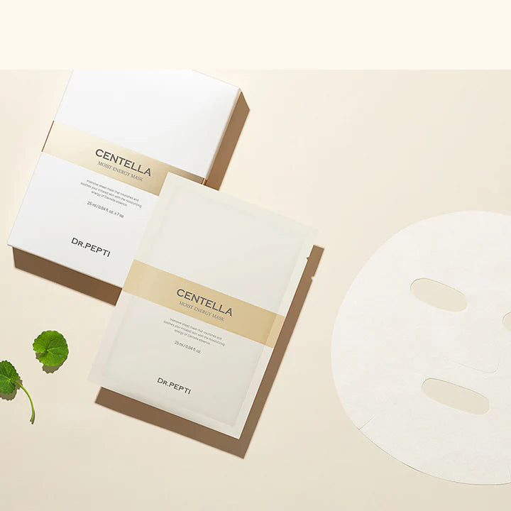 Image of Dr.Pepti Centella Moist Energy Mask packaging, available to buy at MyAllures. One mask is shown outside the packaging along with green leaves, all arranged on a beige surface.