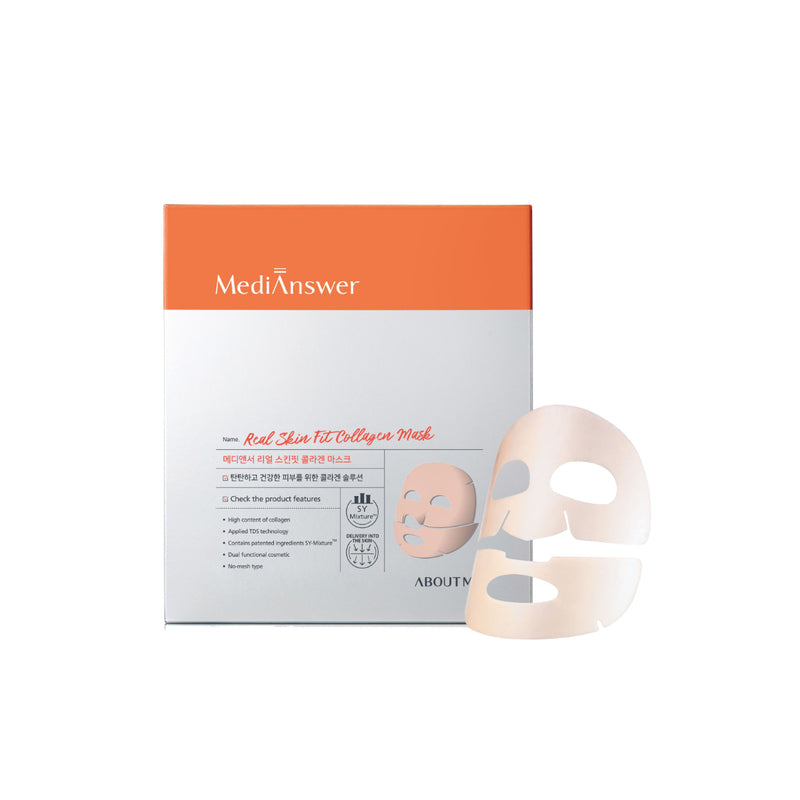 A packet of MEDIANSWER REAL FIT COLLAGEN MASK against a scientific background featuring molecular models, available to buy at MyAllures.