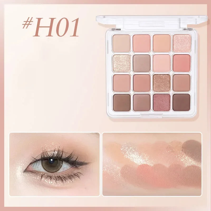 The HOLD LIVE EYESHADOW palette, labeled #H06, offers 16 diverse shades. It features close-up images of an eye with makeup and swatches of the shades on skin, framed by a border adorned with colorful stripes. Purchase this vibrant collection at MyAllures today!