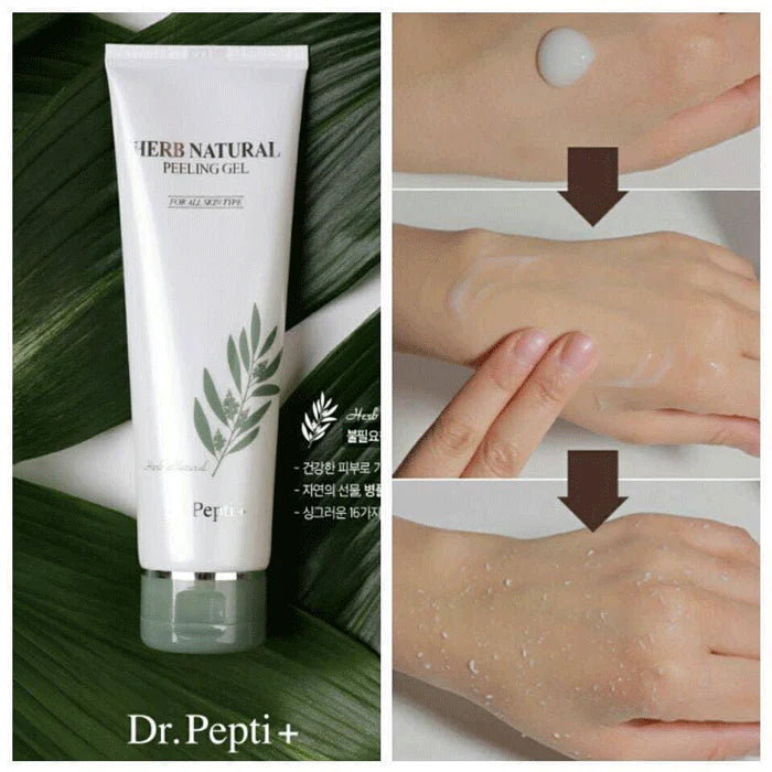 A tube of DR.PEPTI HERB NATURAL PEELING GEL is displayed next to green leaves, showcasing its benefits for healthy and clear skin. The text, written in Korean, highlights its natural ingredients. Available now—buy at MyAllures for a refreshing skincare routine by Dr.Pepti.