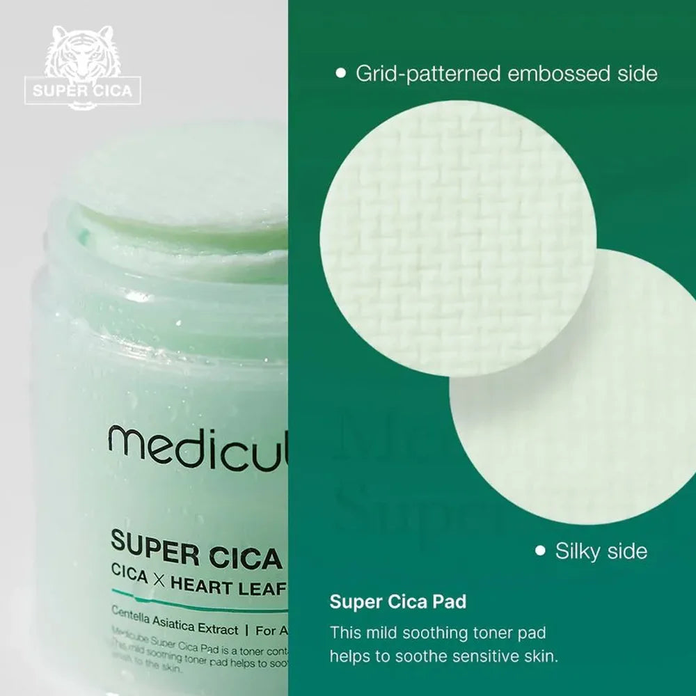 Image showing two stacked containers of MEDICUBE SUPER CICA PAD, with water splashing onto them. The label highlights 88% Centella Asiatica extract, 10,000PPM Super Cica7™, and Heart Leaf. Buy at MyAllures for the ultimate skincare experience.