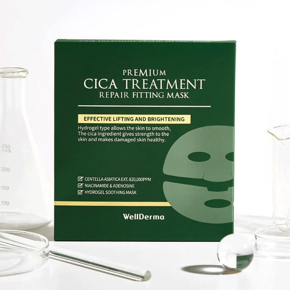 Wellderma Premium Cica Treatment Repair Fitting Mask, Cica mask, Korean skincare, Sheet mask, Skin repair mask, Hydrating mask, Soothing mask, Beauty products, Cosmetics, Skincare routine, Healing mask, Facial treatment, Moisturizing mask, Skin care regimen, Beauty essentials.