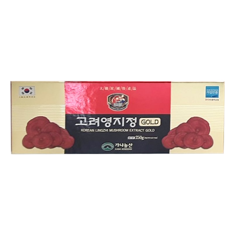 Six boxes and one canister of KANA NONGSAN KOREA LINHZHI MUSHROOM EXTRACT GOLD are displayed on a wooden surface outdoors, accompanied by a large dried Reishi mushroom. Trees are visible in the background. For more details or to purchase, visit MyAllures.

