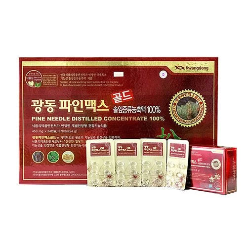 Packaging of KWANGDONG RED PINE ESSENTIAL OIL, featuring a large red box and four smaller packages in front. The product emphasizes its natural ingredients and health benefits. Available for purchase at MyAllures.