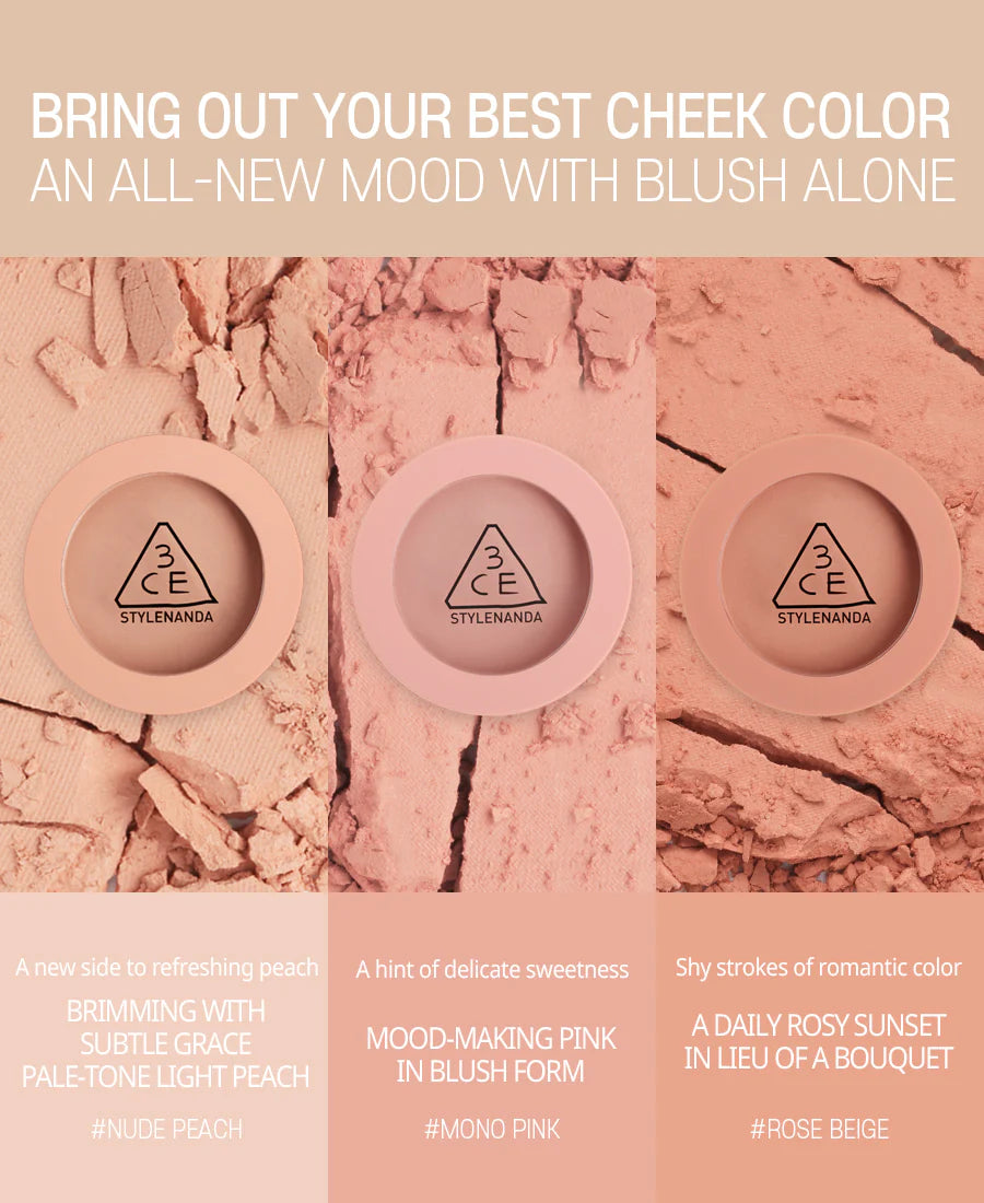 Elevate Your Makeup Routine with 3CE Stylenanda Face Blush. nude peach. mono pink. rose beige