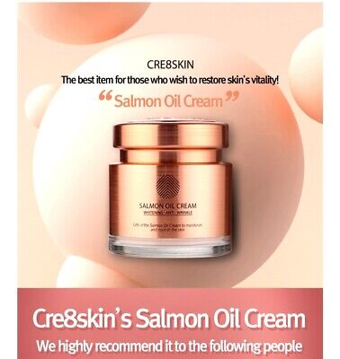 An advertisement for CRE8SKIN SALMON OIL CREAM featuring "before" and "after" images of skin to highlight reduced wrinkles and enhanced vitality. A jar of CRE8SKIN's cream is displayed alongside text promoting its benefits. Buy at MyAllures and experience the transformation yourself.