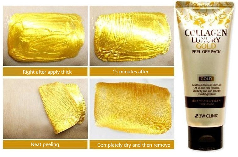 Image showing a tube of 3W CLINIC COLLAGEN LUXURY GOLD PEEL OFF and the application process: thick layer applied, 15 minutes drying, neat peeling, and completely dry peel-off removal. This 24k gold mask from 3W CLINIC not only enhances your skin's radiance but also helps minimize pores for a softer, smoother complexion.