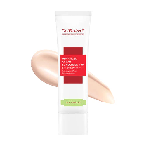 A tube of CELL FUSION C ADVANCED CLEAR SUNSCREEN 100 SPF 50+ PA++++ is featured. The background highlights benefits such as natural tone-up, repeated skin trouble care, and non-comedogenic test completion. Buy at MyAllures for radiant, protected skin.