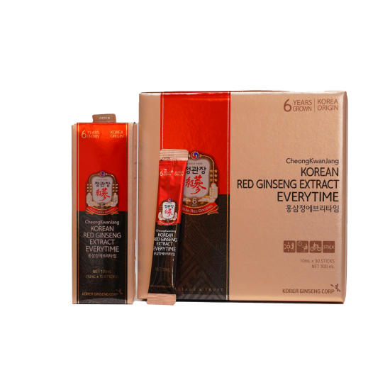 A box of KGC Korean Red Ginseng Extract Everytime with one stick pack displayed beside the opened box containing multiple stick packs. The packaging features Korean text and illustrations. Purchase at MyAllures to enhance your daily wellness.