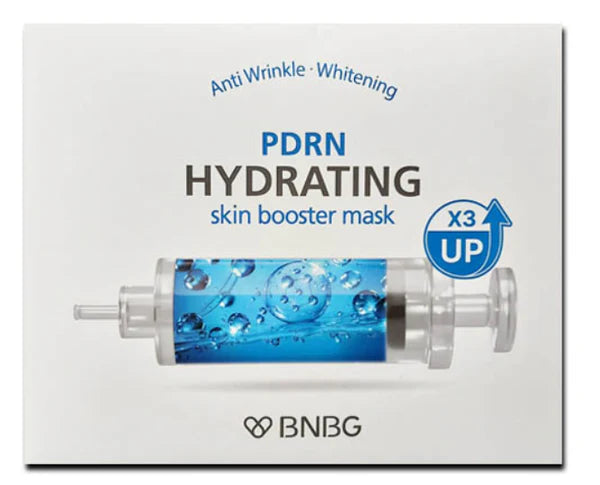 Packaging of the BNBG SKIN BOOSTER MASK 10Pcs, showcasing a syringe-like design with blue liquid and water droplets. Items offer benefits such as anti-wrinkle and whitening, along with a 3x boosting effect. Available for purchase at MyAllures.