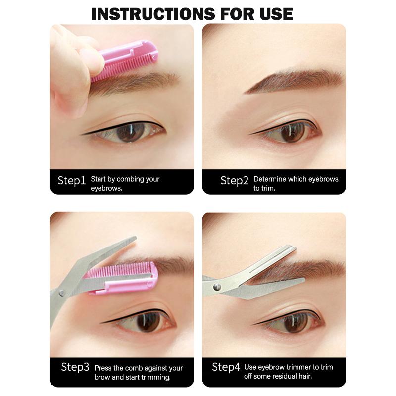 Step-by-step guide for trimming eyebrows using ETUDE HOUSE MY BEAUTY TOOL EYEBROW TRIM SCISSORS and a comb. First, brush your eyebrows. Second, use the scissors to trim forward. Repeat if needed. Example images showing correct and incorrect technique are included. For the best tools, purchase at MyAllures from the trusted brand ETUDE HOUSE.