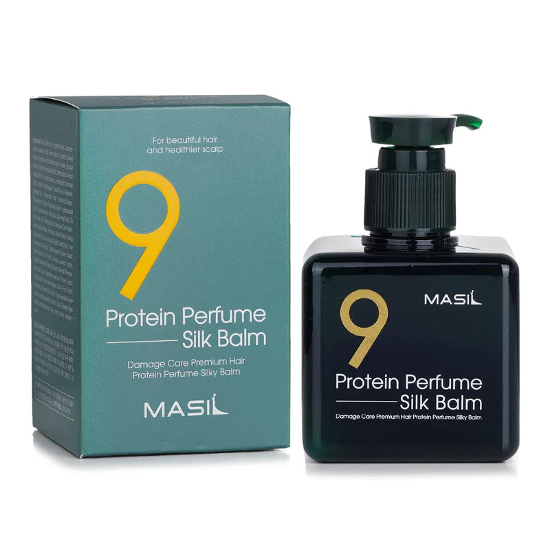 A bottle of MASIL PROTEIN PERFUME SILK BALM with a pump dispenser is displayed amid flowers and leaves. Text highlights its benefits, including nourishing hair roots, restoring elasticity, and providing a long-lasting fragrance. Discover this luxurious product and purchase it at MyAllures.