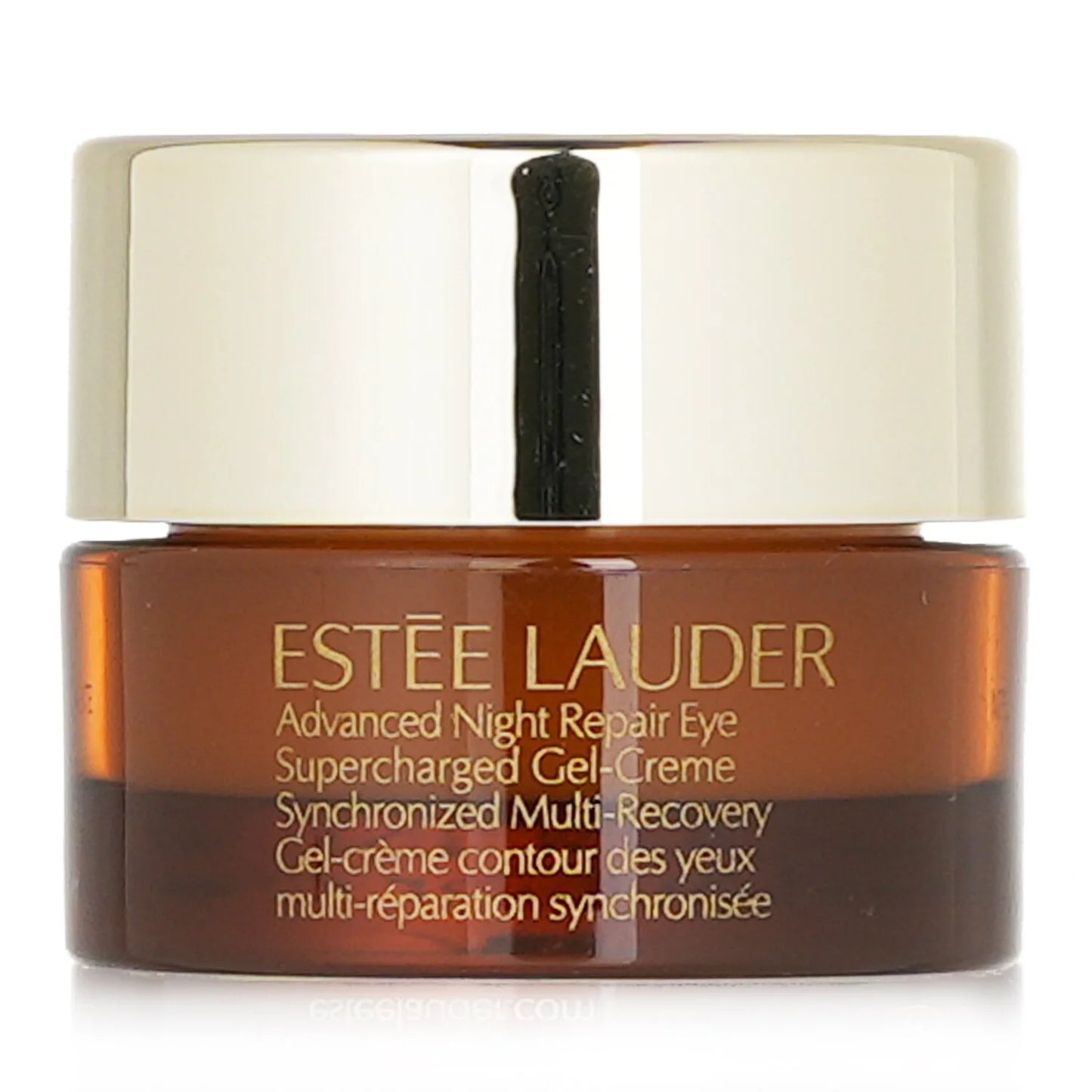 A person holding a jar of ESTEE LAUDER ADVANCED NIGHT REPAIR EYE GEL-CREAM near their face, with a statistic stating "91% of women said undereye lines look reduced in just 1 week; buy at MyAllures.