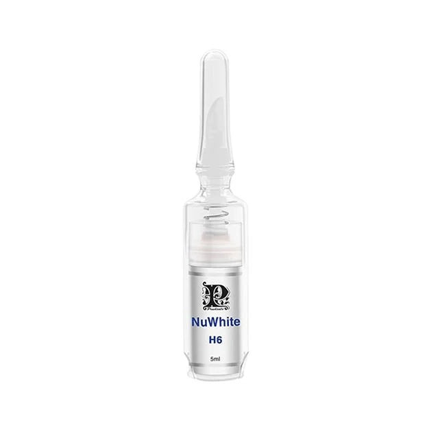 A clear plastic vial labeled "MIBITI PRUDENTE NUWHITE UNDERARM BRIGHTENING H6" containing a 5ml liquid solution with a white seal inside. Available to buy at MyAllures.