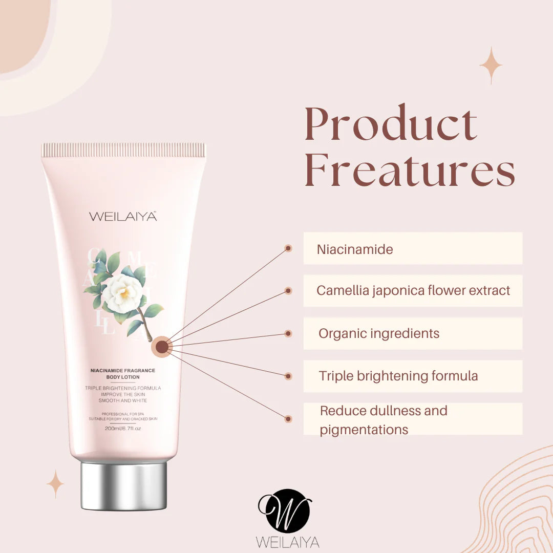 Weilaiya Niacinamide Body Lotion, Camellia body lotion, Niacinamide skincare, Hydrating body lotion, Moisturizing lotion, Beauty products, Cosmetics, Skincare routine, Camellia extract, Skin hydration, Gentle moisturizer, Daily body care, Skin care regimen, Nourishing body lotion, Beauty essentials.