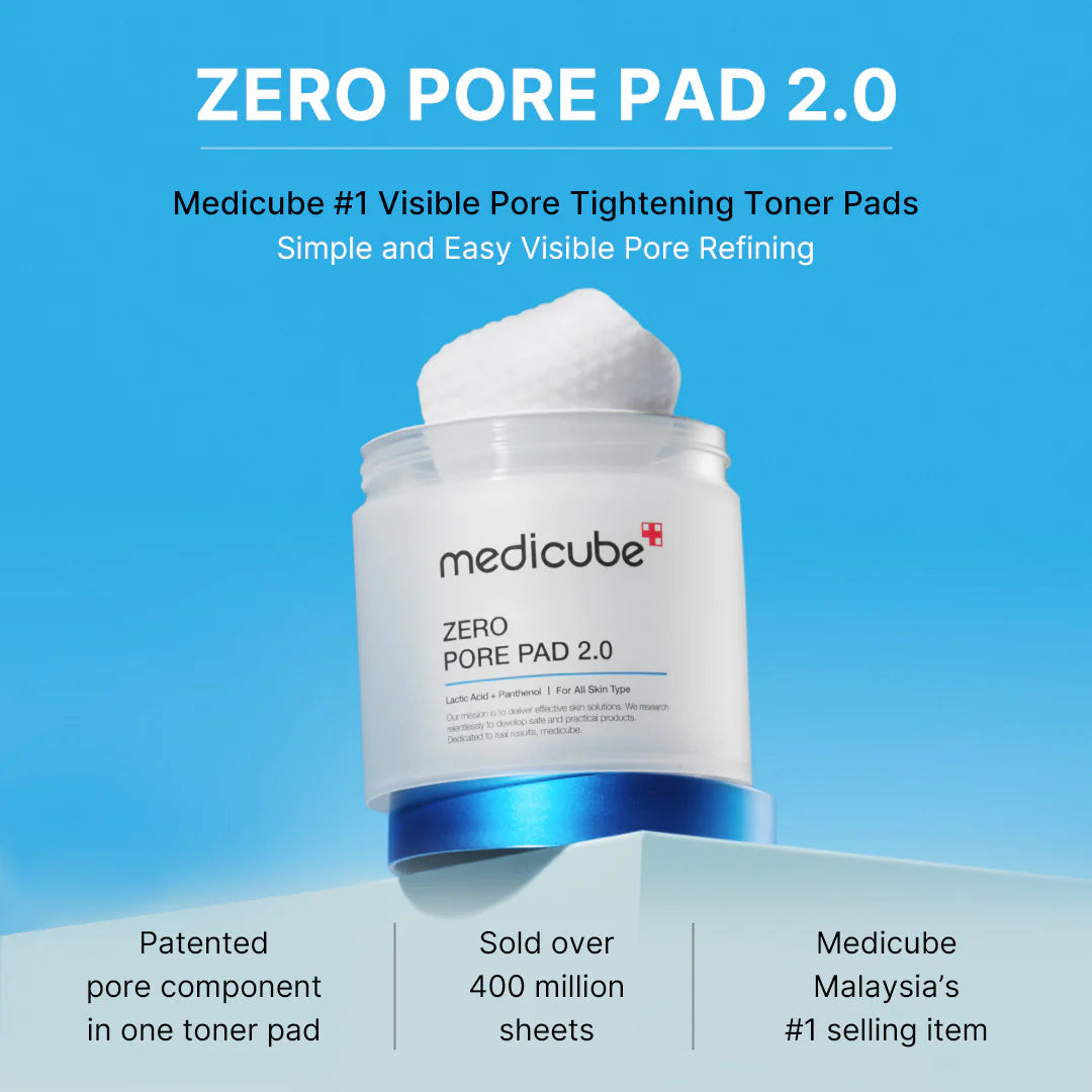 A jar of MEDICUBE ZERO TONER PAD for sensitive skin, accompanied by an open container showing one of the pads. Text highlights features: PHA for sensitive skin, low-irritating test completed. Buy at MyAllures for the ultimate skincare experience!