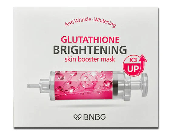 Box of BNBG SKIN BOOSTER MASK 10Pcs, described as an anti-wrinkle and whitening product, with the image of a pink liquid-filled syringe on the front. Buy at MyAllures for radiant skin transformation.