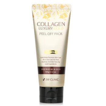 Image showing a tube of 3W CLINIC COLLAGEN LUXURY GOLD PEEL OFF and the application process: thick layer applied, 15 minutes drying, neat peeling, and completely dry peel-off removal. This 24k gold mask from 3W CLINIC not only enhances your skin's radiance but also helps minimize pores for a softer, smoother complexion.