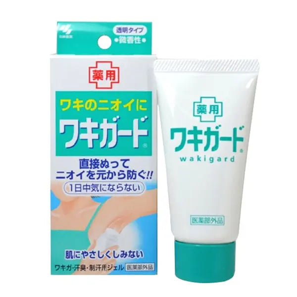 The image illustrates the easy use points of KOBAYASHI WAKI GUARD UNDERARM ANTIPERSPIRANT. It is shown being applied to the skin with text highlighting its transparent gel, mild fragrance, non-sticky texture, and effortless application. Purchase it at MyAllures for a seamless skincare experience.