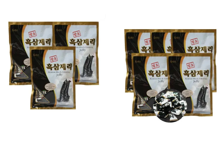 Image of a product labeled "GLOBAL GEUMSAN GINSENG CO BLACK GINSENG JELLY" including packaging and individual sachets. Text in Korean provides product details such as ingredients and nutritional information. Buy at MyAllures for premium quality and detailed insights on this unique fermented black ginseng jelly from Global Geumsan Ginseng Co.