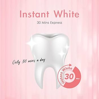 Image of a product advertisement for "ANRIERA TEETH WHITENER STRIPS," featuring a large, shiny white tooth in the center. Text reads "Only 30 mins a day." Highlighting personal hygiene, the background is a soft pink with light streaks. Achieve clean teeth effortlessly with ANRIERA.