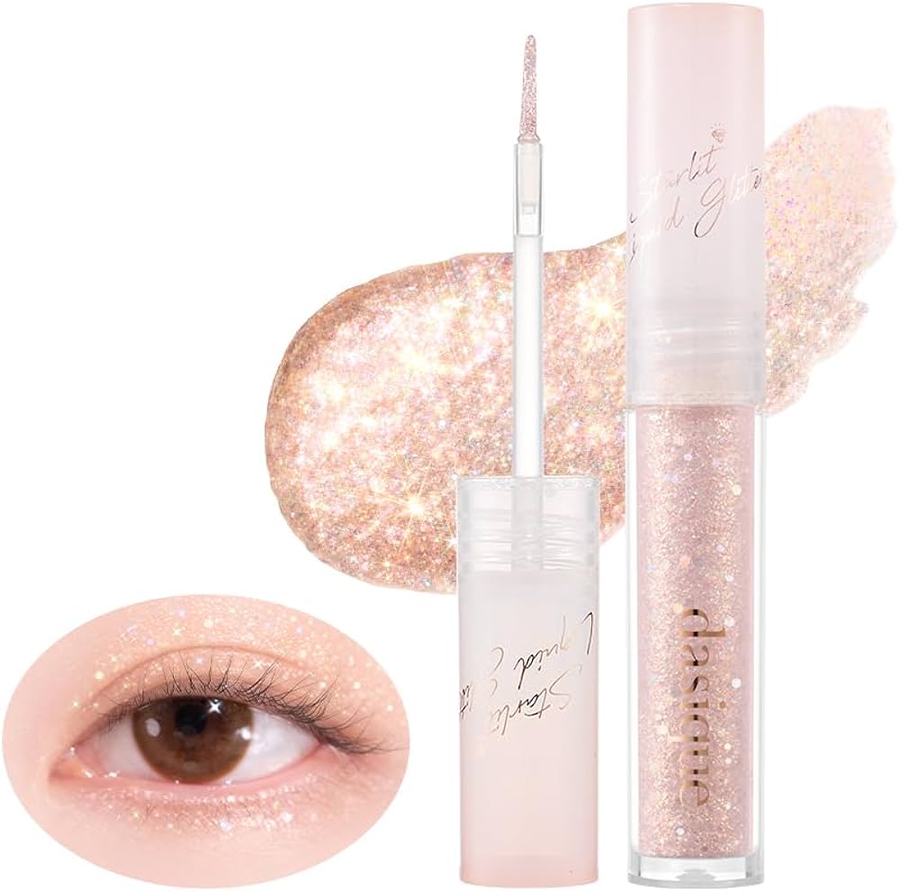 Close-up of a tube of DASIQUE STARLIT JEWEL LIQUID GLITTER with an applicator brush and a swatch of the glitter. Accompanied by an eye wearing the product, showing the shimmer effect. Buy at MyAllures for that perfect sparkle!