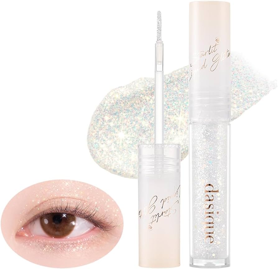 Clear-lidded tube of DASIQUE STARLIT JEWEL LIQUID GLITTER in pale pink, featuring an applicator wand, a close-up of an eye with the product applied, and a swatch of the glittery liquid eyeshadow in the background. Buy at MyAllures for an enchanting look.