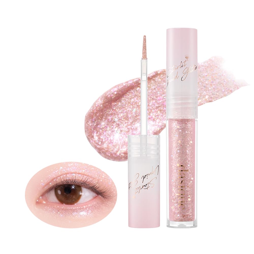 A tube of DASIQUE STARLIT JEWEL LIQUID GLITTER in pink, complete with an applicator brush, is shown alongside a swatch of the product and an eye adorned with the glitter eyeshadow. Purchase it at MyAllures to add a touch of sparkle to your look.