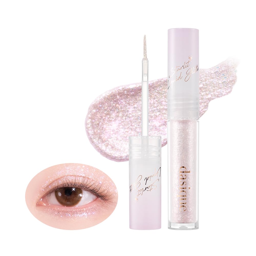 DASIQUE STARLIT JEWEL LIQUID GLITTER, a close-up sample of an eye wearing it, and an opened tube showing the applicator. Buy at MyAllures for effortlessly enchanting looks.