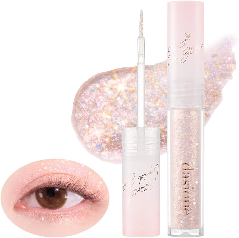 A tube of DASIQUE STARLIT JEWEL LIQUID GLITTER in glittery pink, an applicator brush, a shiny swatch, and a close-up of an eye wearing the eyeshadow—ready to buy at MyAllures.