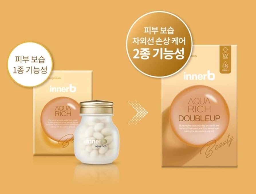 CHEILJEDANG INNERB Aqua Rich Double Up Tablet, Korean beauty supplement, Hydration tablet, Skin moisture supplement, Dermatologist-tested supplement, Anti-aging skincare, Radiance boosting supplement, Skin hydration treatment, Aqua rich tablet, Korean skincare product.