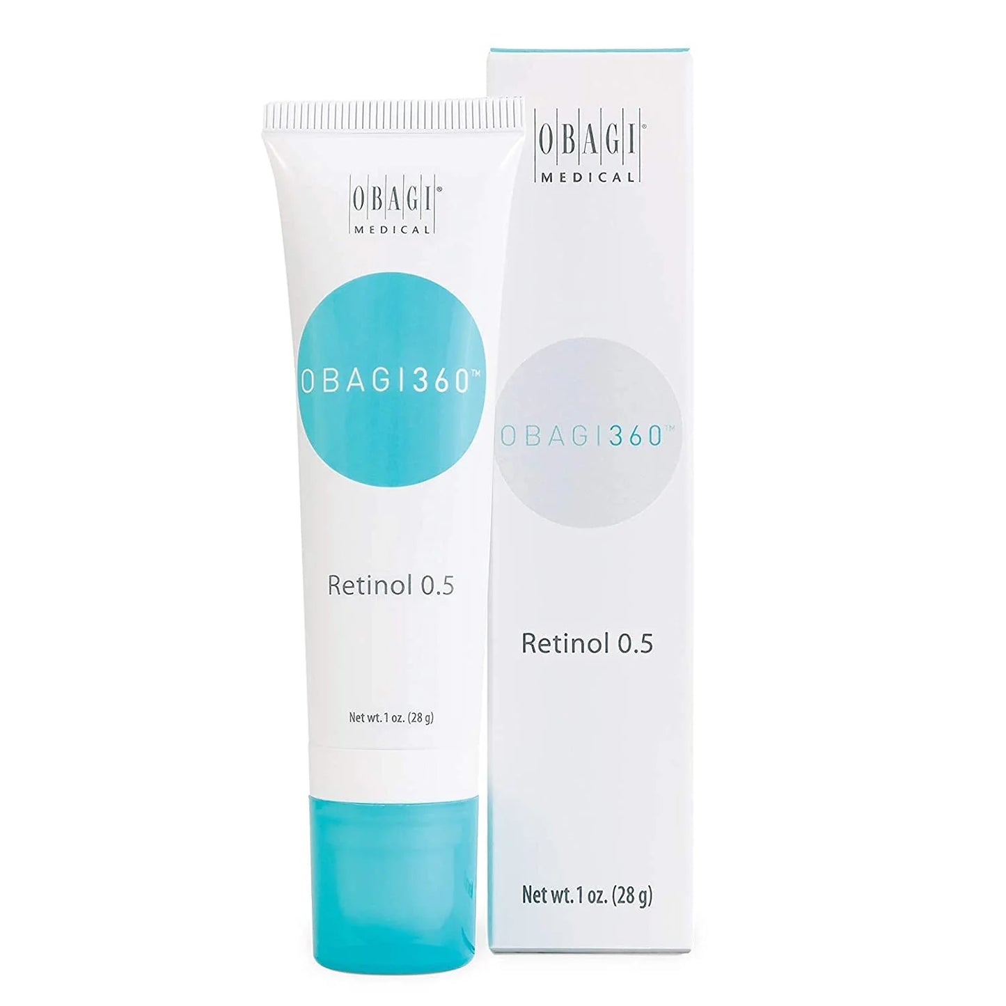 A tube of OBAGI RETINOL 0.5 28G skincare product on a light background, with text reading "Minimize the appearance of fine lines & wrinkles." Buy at MyAllures.