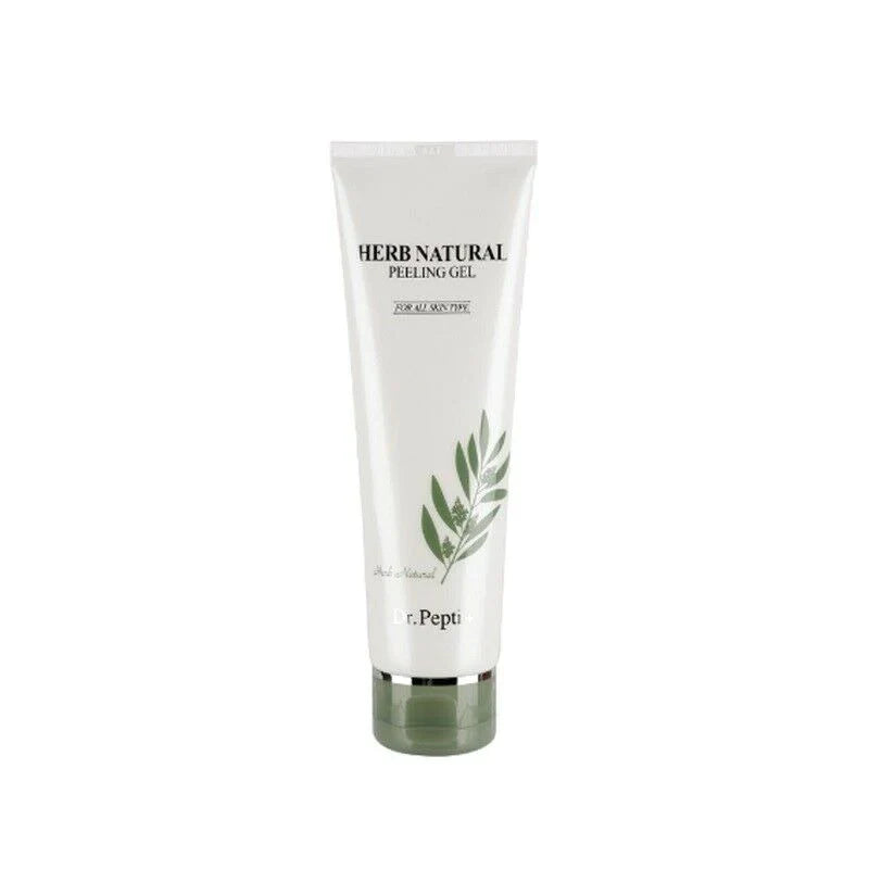 A tube of DR.PEPTI HERB NATURAL PEELING GEL is placed on top of large green leaves. The product, labeled with "Dr.Pepti" and "Herb Natural" branding, is available to buy at MyAllures.