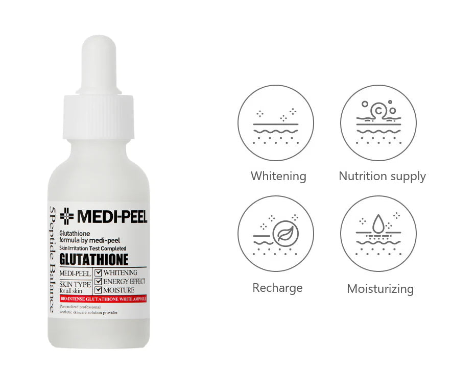 A bottle of MEDIPEEL BIO-INTENSE GLUTATHIONE AMPOULE with a dropper dispensing liquid. The label mentions whitening, energy effect, moisture, and bio-likeness for all skin types. You can buy it at MyAllures to experience its transformative effects.