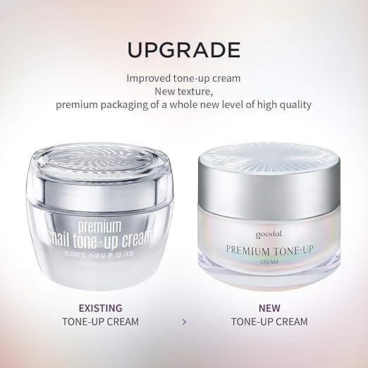 Text on image stating, "Recommended for skin desiring a natural tone-up effect, smooth texture, matte finish, and clump-free even coverage. Purchase the GOODAL PREMIUM SNAIL TONE UP CREAM by GOODAL at MyAllures.