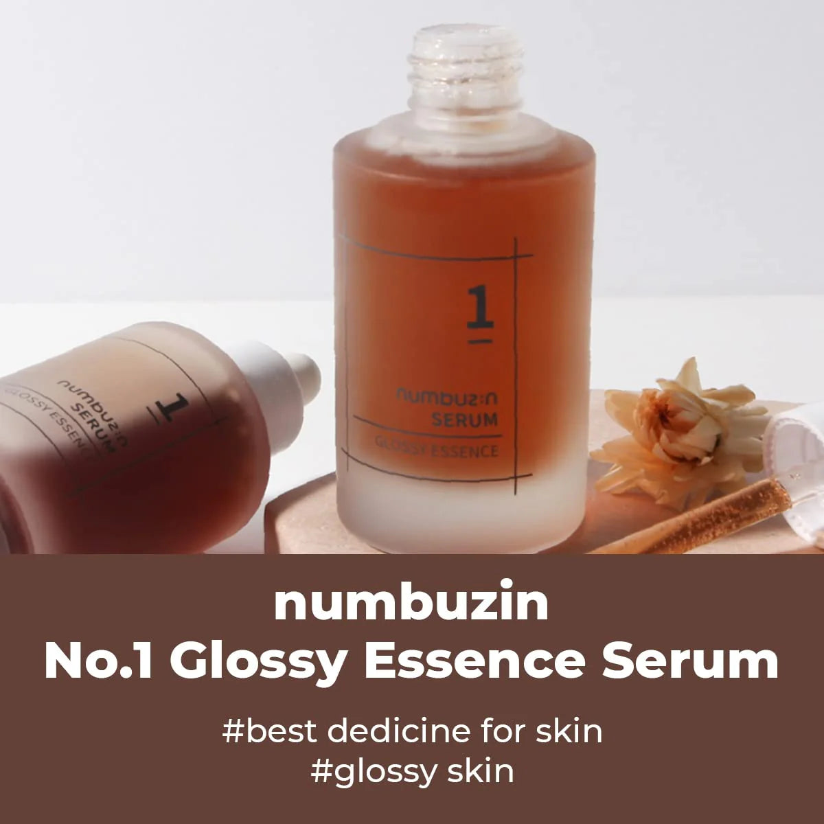 Image showcasing multiple brown bottles labeled "NUMBUZIN NO1 GLOSSY ESSENCE SERUM" with a text description highlighting its benefits, such as 74% lilyturf extract to improve troubled skin. Purchase your bottle now at MyAllures.