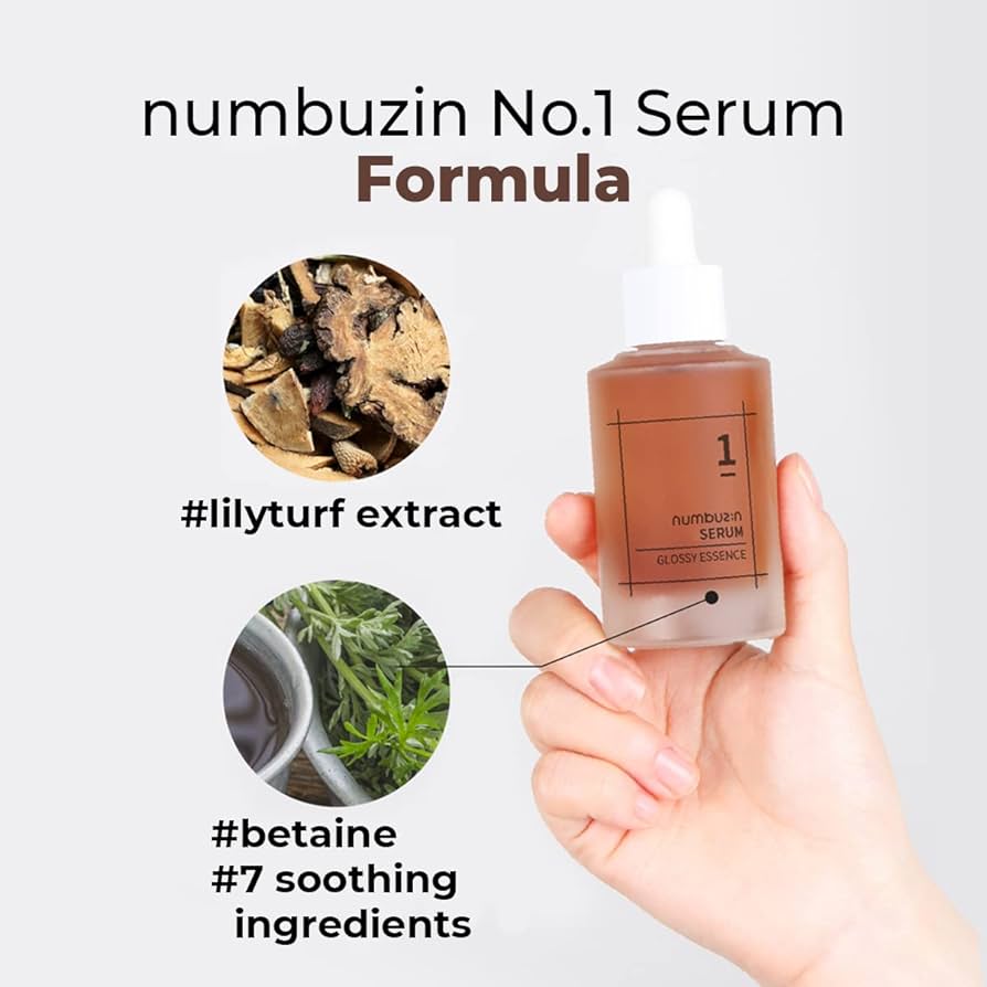 A dropper bottle of NUMBUZIN NO1 GLOSSY ESSENCE SERUM, surrounded by eucalyptus leaves. Text below promotes the product as an effective solution for skin care despite prior struggles. Discover its benefits and buy at MyAllures today!