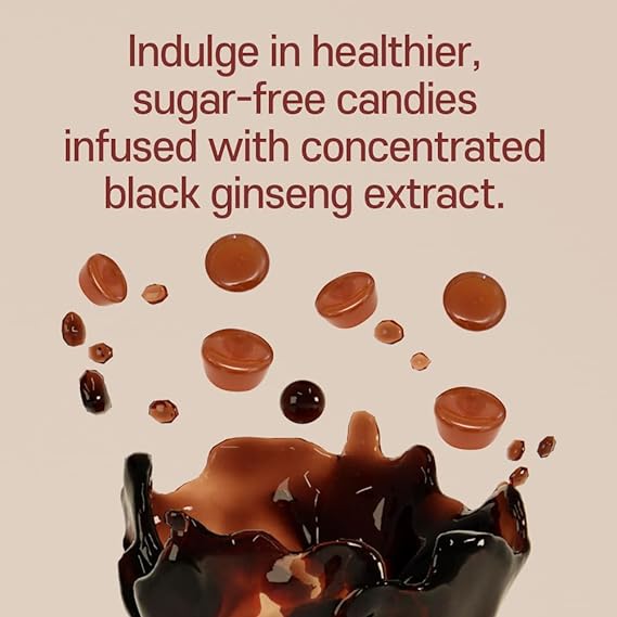 A bowl of round GeumHeuk black ginseng candies with a dried ginseng root and a wooden spoon. Text reads "GeumHeuk Black Ginseng Candy No Sugar." Buy at MyAllures.