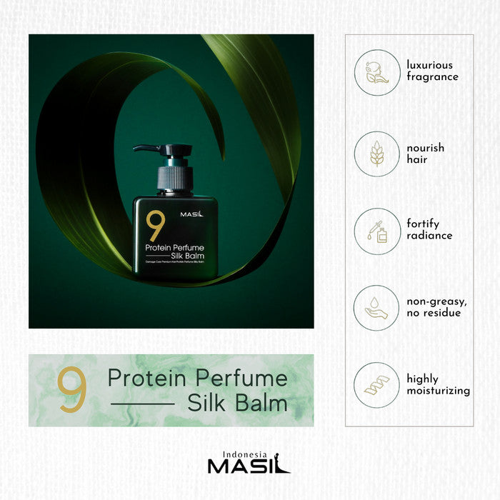 A bottle of MASIL PROTEIN PERFUME SILK BALM with a pump dispenser is displayed amid flowers and leaves. Text highlights its benefits, including nourishing hair roots, restoring elasticity, and providing a long-lasting fragrance. Discover this luxurious product and purchase it at MyAllures.