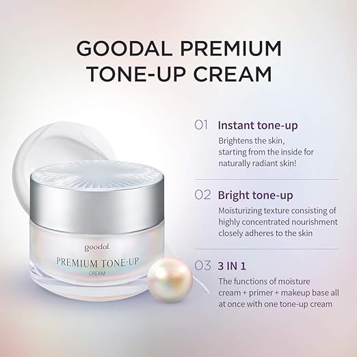 Text on image stating, "Recommended for skin desiring a natural tone-up effect, smooth texture, matte finish, and clump-free even coverage. Purchase the GOODAL PREMIUM SNAIL TONE UP CREAM by GOODAL at MyAllures.