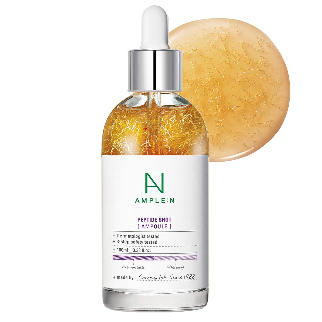 A bottle of AMPLEN AMPLE:N PEPTIDE SHOT AMPOULE with a dropper and spilled liquid next to it on a light surface, available for purchase at MyAllures.