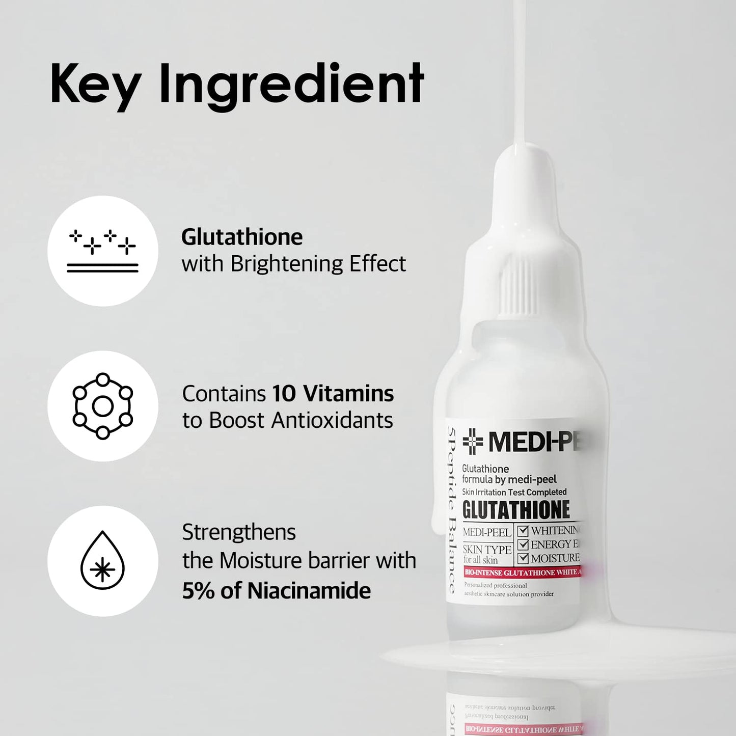 A bottle of MEDIPEEL BIO-INTENSE GLUTATHIONE AMPOULE with a dropper dispensing liquid. The label mentions whitening, energy effect, moisture, and bio-likeness for all skin types. You can buy it at MyAllures to experience its transformative effects.