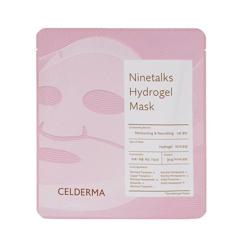 A person holding a CELDERMA NINETALKS HYDROGEL MASK in their hands, with the product packaging and a close-up of the mask's texture shown in the foreground—available to buy at MyAllures.