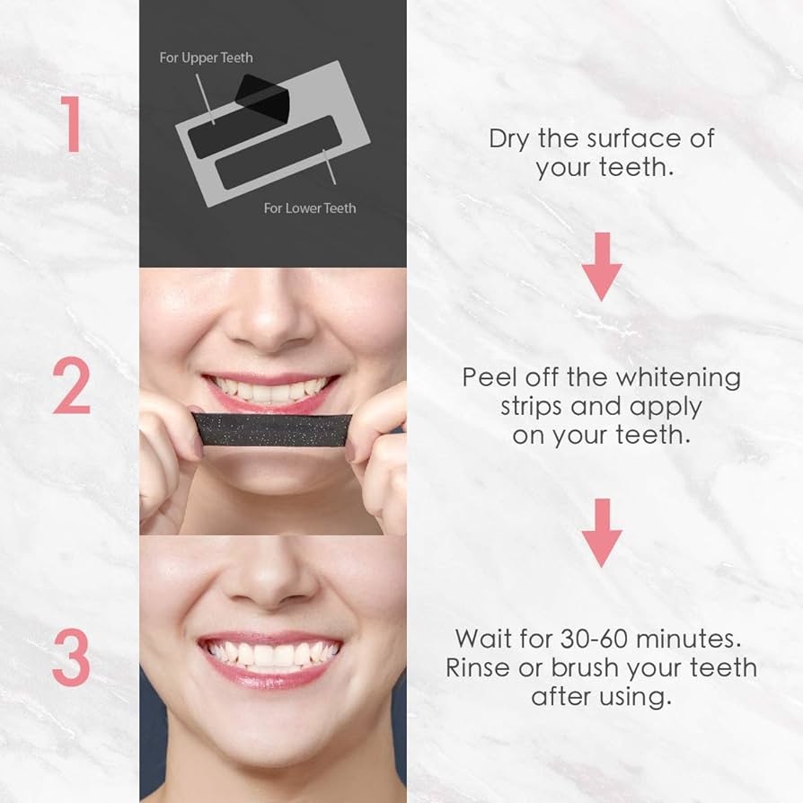 A three-step guide to using ANRIERA TEETH WHITENER STRIPS. Step 1: Diagram displaying separate strips for upper and lower teeth by ANRIERA. Step 2: Person smiling while applying an ANRIERA strip to their clean upper teeth. Step 3: Person with a bright smile after using the ANRIERA strips. Instructions are written alongside each step, ensuring optimal personal hygiene results.