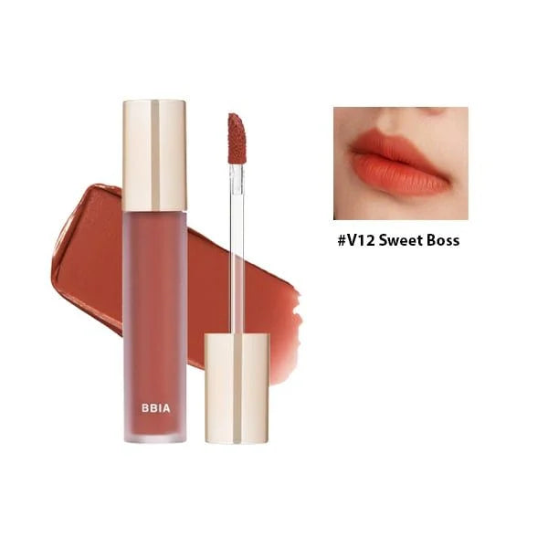 Image of BBIA LAST VELVET TINE lipstick in shade #15 Edge Boss, featuring the lipstick tube, opened to show the applicator, and swatches of the color applied to lips in two different styles. Buy at MyAllures for this stunning hue and perfect application experience.