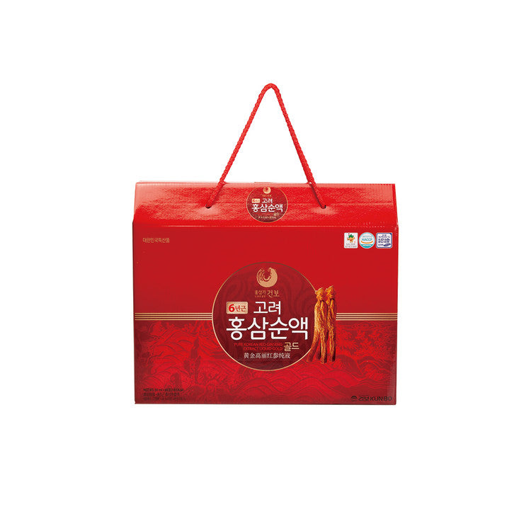 A red box with a carrying handle containing KOREAN GORYEOS RED GINSENG extract from the KOREAN brand. The box features text and images of ginseng roots and is available to buy at MyAllures.