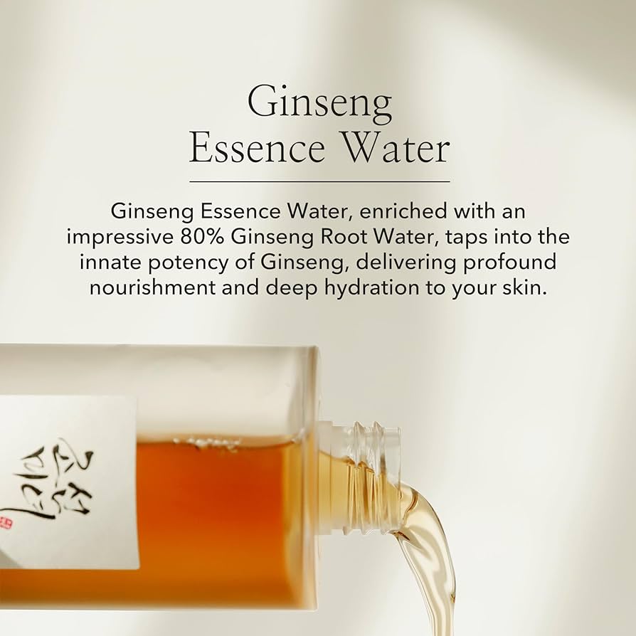 A hand holding a bottle of BEAUTY OF JOSEON GINSENG ESSENCE WATER against a light background. Text on the left lists benefits: Sebum Control, Uniform Skin Tone, Deep Hydration. Purchase now at MyAllures for radiant skin!