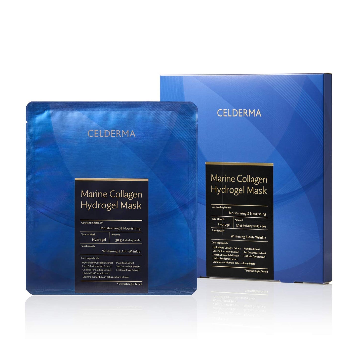 A smiling woman holds a CELDERMA MARINE COLLAGEN HYDROGEL MASK package against an underwater backdrop adorned with Korean text and the brand name CELDERMA, inviting you to purchase at MyAllures.