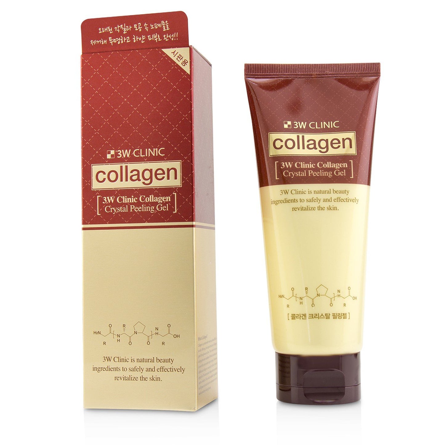 A tube of 3W CLINIC COLLAGEN CRYSTAL PEELING GEL, a gentle exfoliating solution with hydrolyzed collagen, is shown with its packaging on the left. The right side displays the gel being applied to a hand and then peeling off, revealing exfoliated skin.